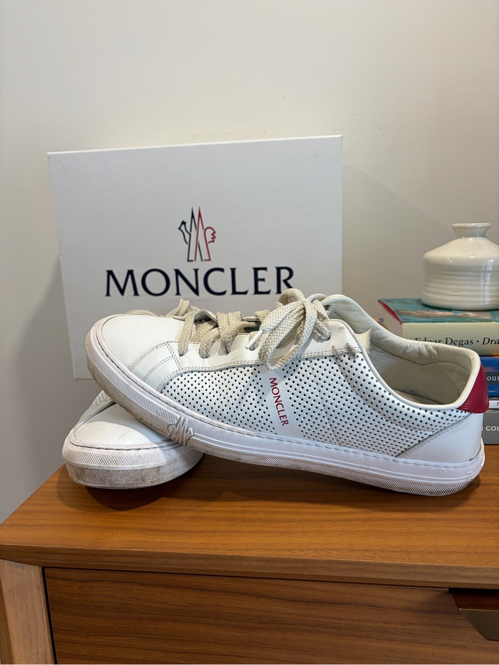 Moncler Men’s White Leather Low-Top Sneakers with Red Heel Tab